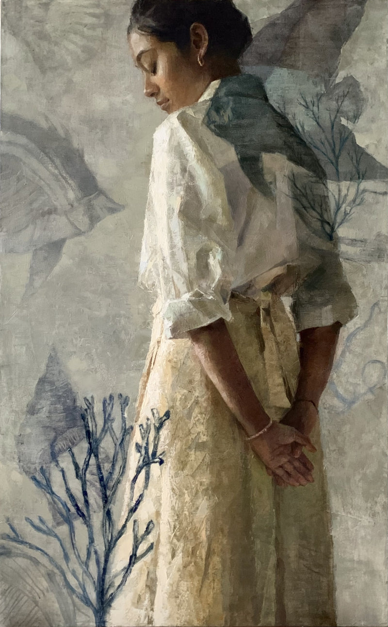 Aquarium 1' figurative oil painting by artist Nilisha Phad, 48x30 inch, on canvas