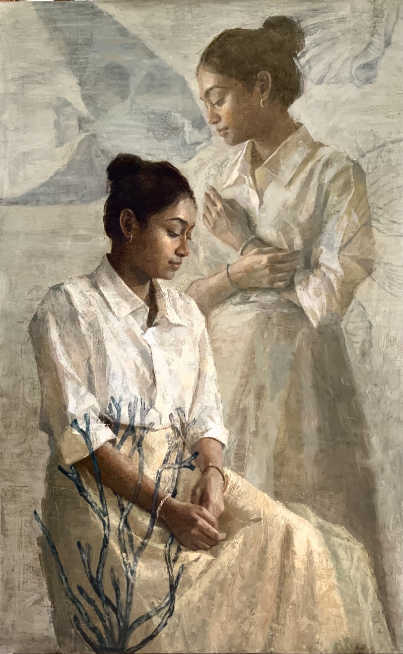 Aquarium 2' figurative oil painting by artist Nilisha Phad, 48x30 inch, on canvas