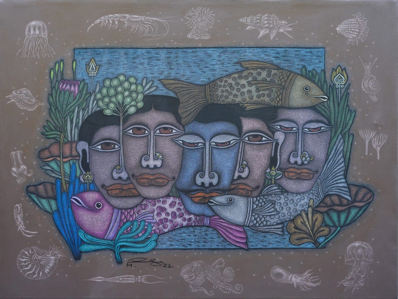 Figurative mixed-media painting titled 'Aquaticlife 2', 36x48 inch, by artist M Raja on Canvas