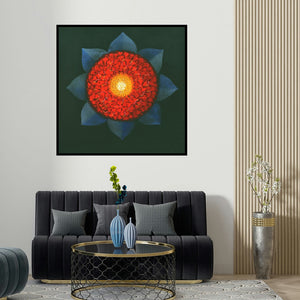 Rajib Deyashi's 'Araddhya 2 (Cosmic Flower Radiance of Life)' painting visualized above a sofa in a contemporary room.