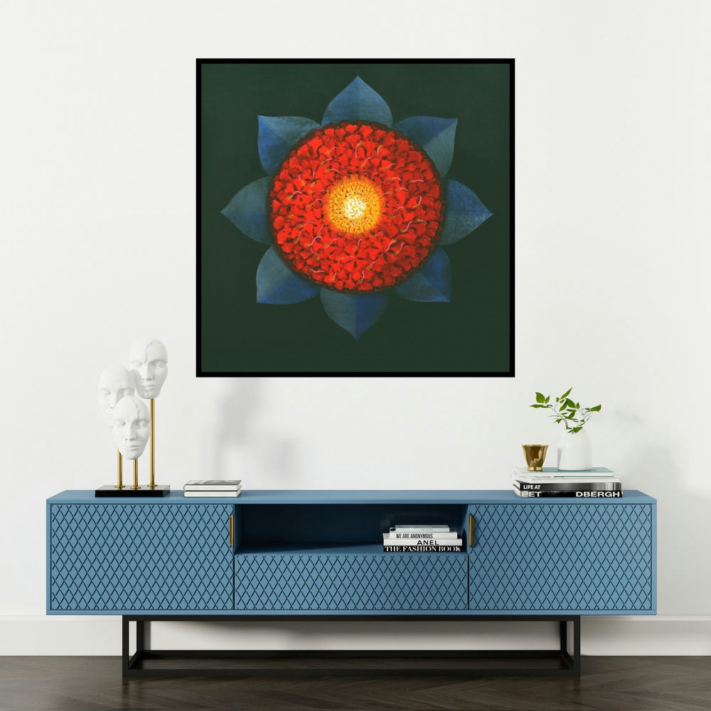 'Araddhya 2 (Cosmic Flower Radiance of Life)' painting by Rajib Deyashi shown on a wall in a furnished room.