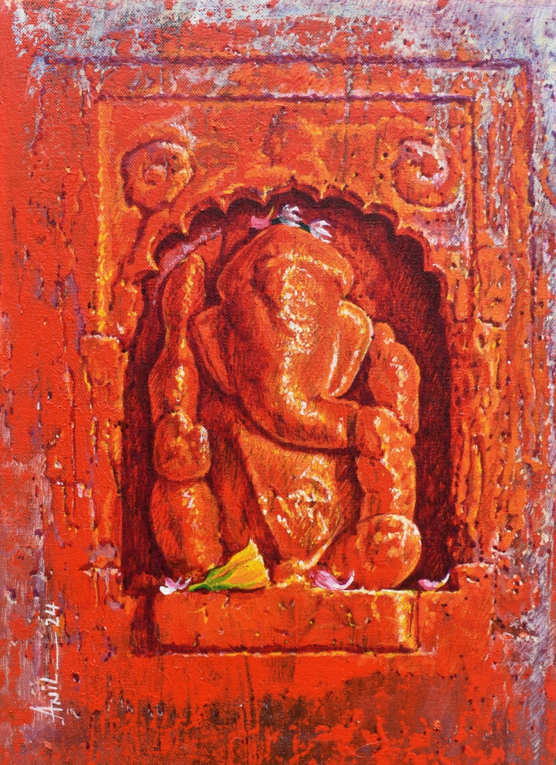 Aradhana 70 (Ganesha)' religious acrylic painting by artist Anil Kumar Yadav, 16x12 inch, on canvas
