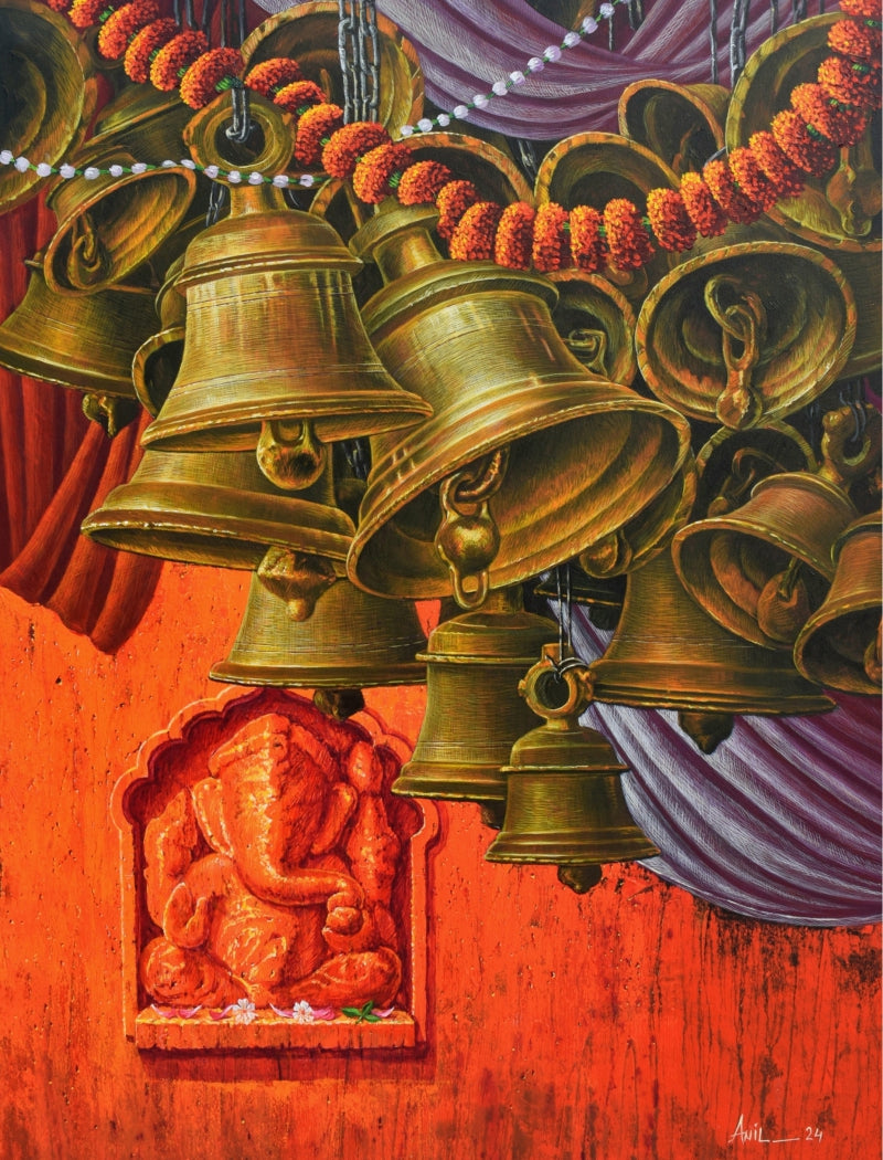 Aradhana 78 (Ganesha)' religious acrylic painting by artist Anil Kumar Yadav, 48x36 inch, on canvas