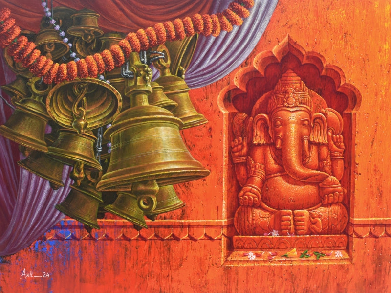 Aradhana 79 (Ganesha)' religious acrylic painting by artist Anil Kumar Yadav, 36x48 inch, on canvas