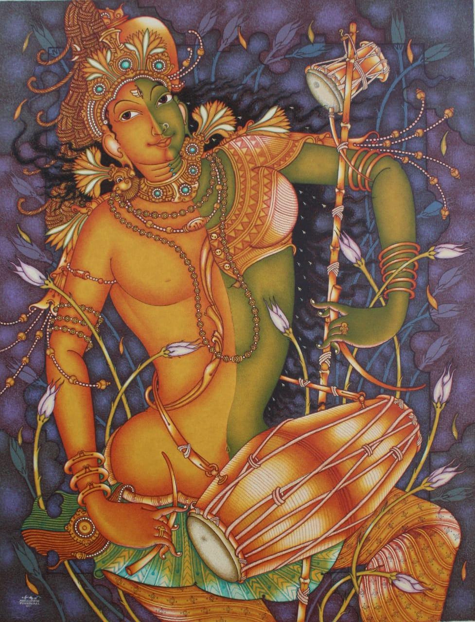 Religious acrylic painting titled 'Ardhanareeswaran', 49x38 inches, by artist Manikandan Punnakkal on Canvas