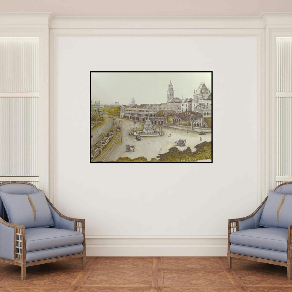 'Areal View Of Hutatma Chowk And Flora (Old Bombay Panorama)' painting by Aman A shown on a wall in a furnished room.