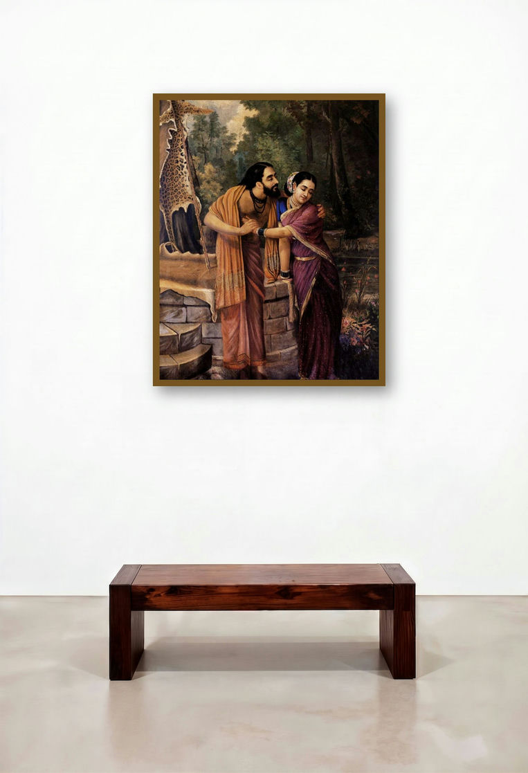 Arjuna And Subhadra (Subhadra and Arjuna: A Divine Union) by artist Raja Ravi Varma displayed in a Modern Hallway