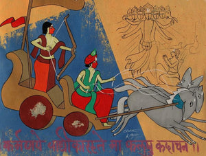 Arjuna In The Batte Field (The Charioteer and the Warrior) by Chetan Katigar, Original Acrylic Figurative Painting on Canvas, Small Horizontal Wall Art