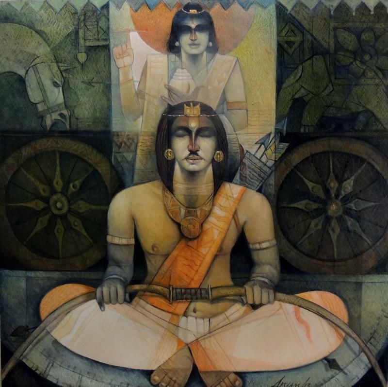 Figurative oil painting titled 'Arjuna O Krishna In Kurukshetra', 48x48 inches, by artist Arun Samadder on Canvas
