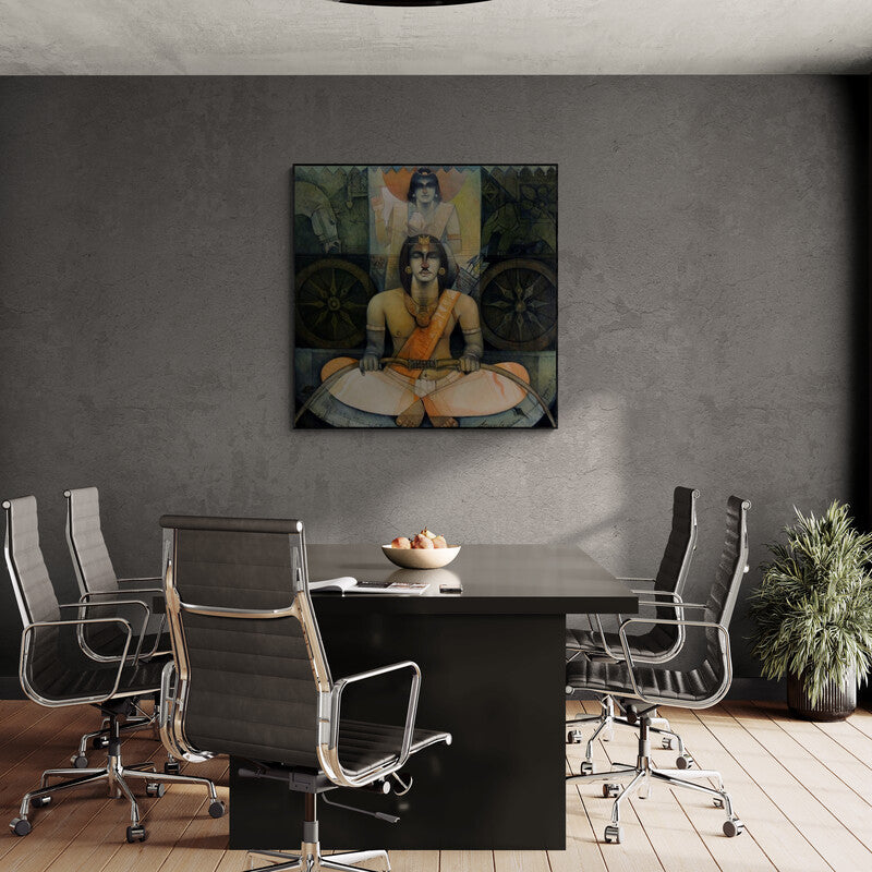 In-situ view of Arun Samadder's 'Arjuna O Krishna In Kurukshetra' painting in a room