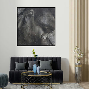 Vijay Shelar's 'Arjuna (Stardust Echoes)' painting visualized above a sofa in a contemporary room.