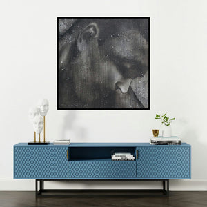 'Arjuna (Stardust Echoes)' painting by Vijay Shelar shown on a wall in a furnished room.