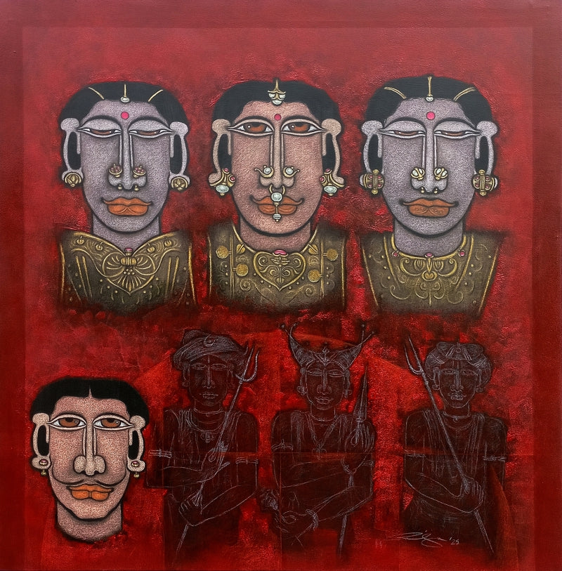 'Armor 1' figurative mixed-media painting by artist M Raja, 36x36 inch, on linen canvas