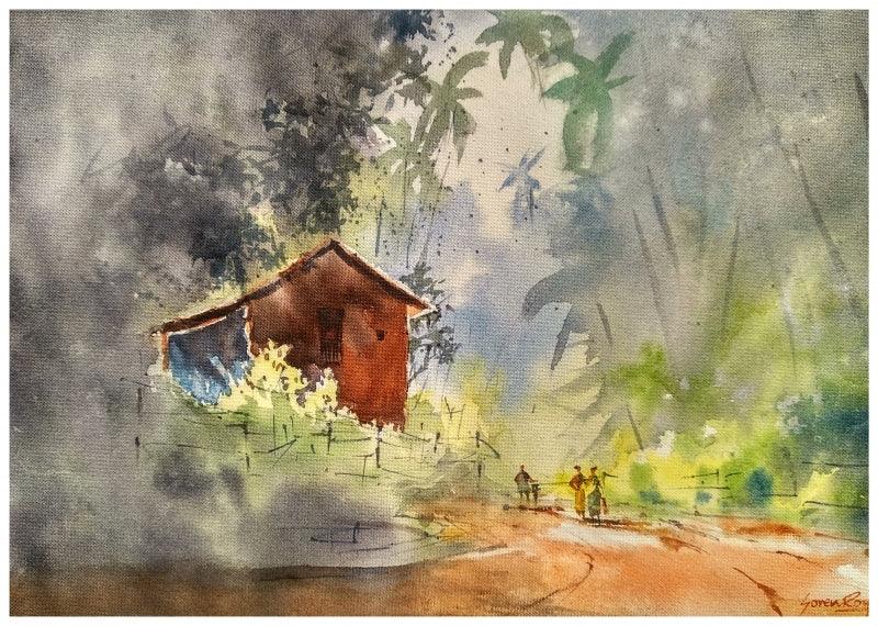 Landscape watercolor painting titled 'Around the corner', 20x14 inches, by artist Soven Roy on Handmade paper