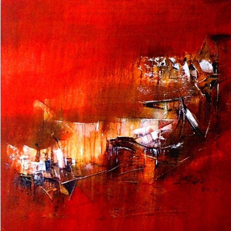 Abstract acrylic painting titled 'Art Gallery Img Red 20x20 4 02', 20x20 inches, by artist Dnyaneshwar Dhavale on Canvas