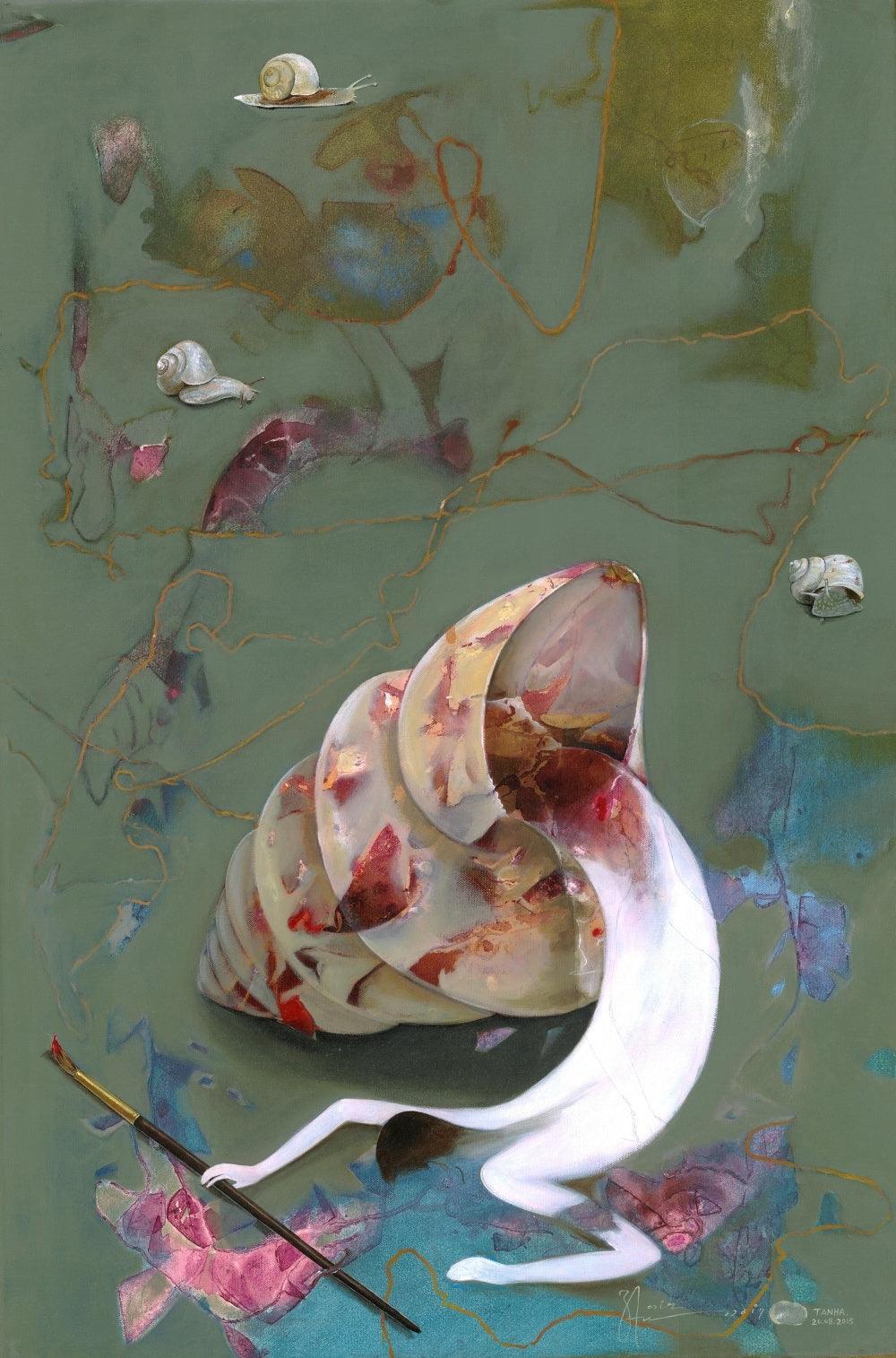 Abstract acrylic painting titled 'Artist and Sea Shell', 36x24 inches, by artist Zakir Hussain Shaikh on Canvas