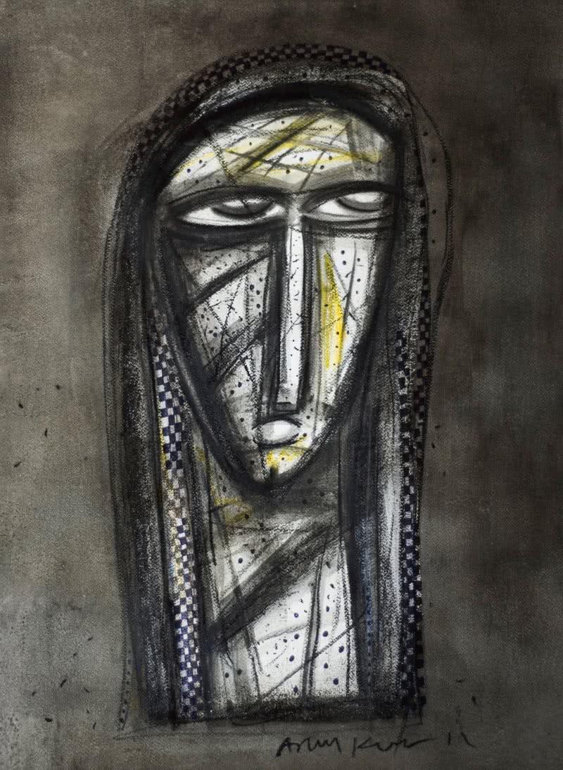 Figurative charcoal painting titled 'Aryan Face', 20x28 inches, by artist Arun K Mishra on Paper