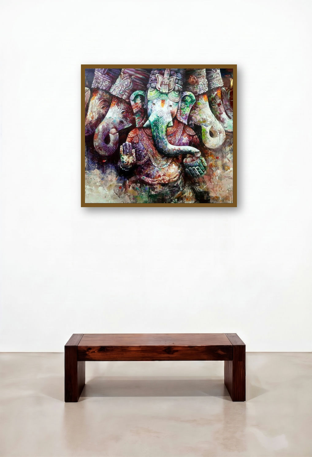 Ashirwad (The Many Faces of Ganesha) by artist Rajender Bharti displayed in a Rustic Dining Room