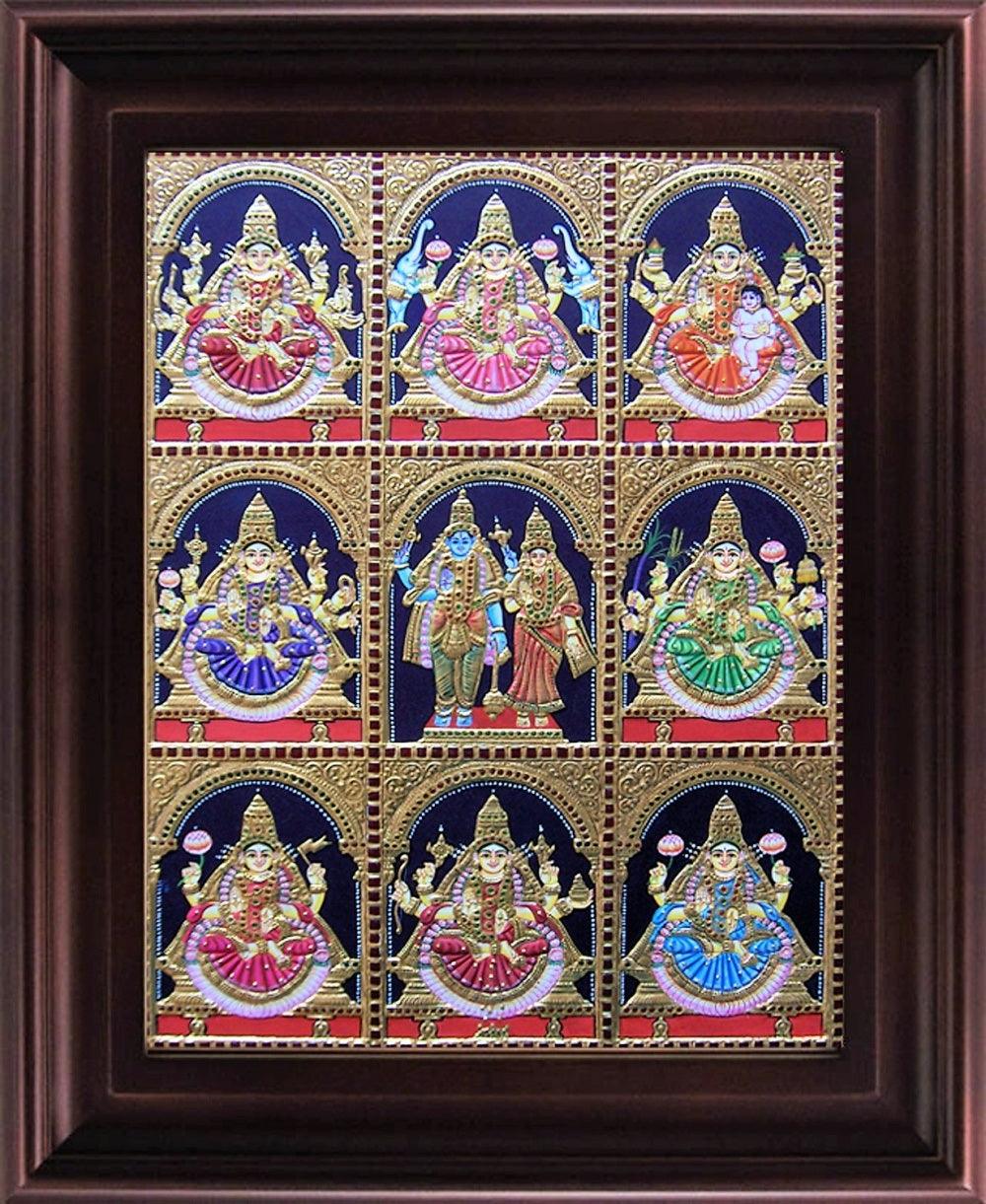 Religious tanjore traditional art titled 'Ashta Lakshmi Tanjore Painting', 24x18 inches, by artist Myangadi Tanjore on Plywood