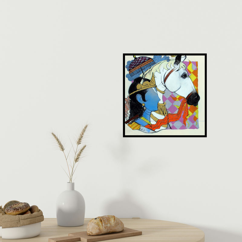 In-situ view of Ramchandra Kharatmal's 'Ashwamedha (Arjuna and his Steed)' painting in a room