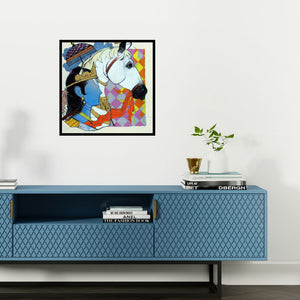 Preview of 'Ashwamedha (Arjuna and his Steed)' Painting by Ramchandra Kharatmal shown on a wall in a furnished room.