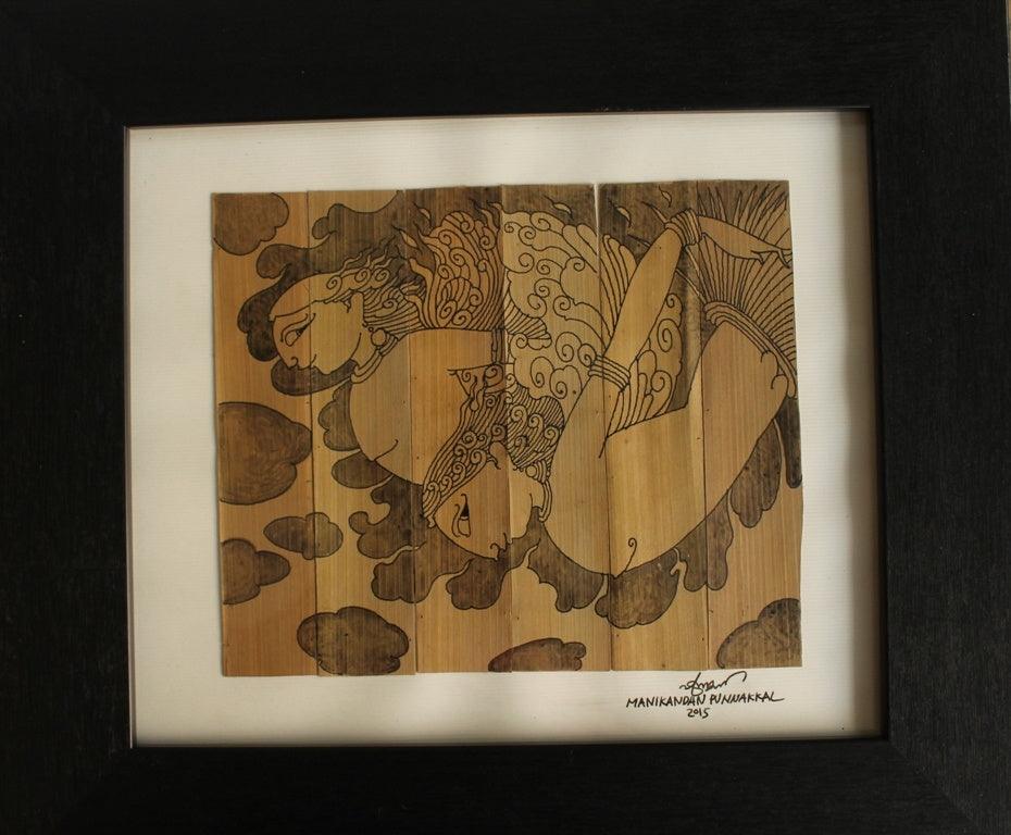 Figurative ink drawing titled 'Ashwini Devatas', 31x29 inches, by artist Manikandan Punnakkal on Leaf