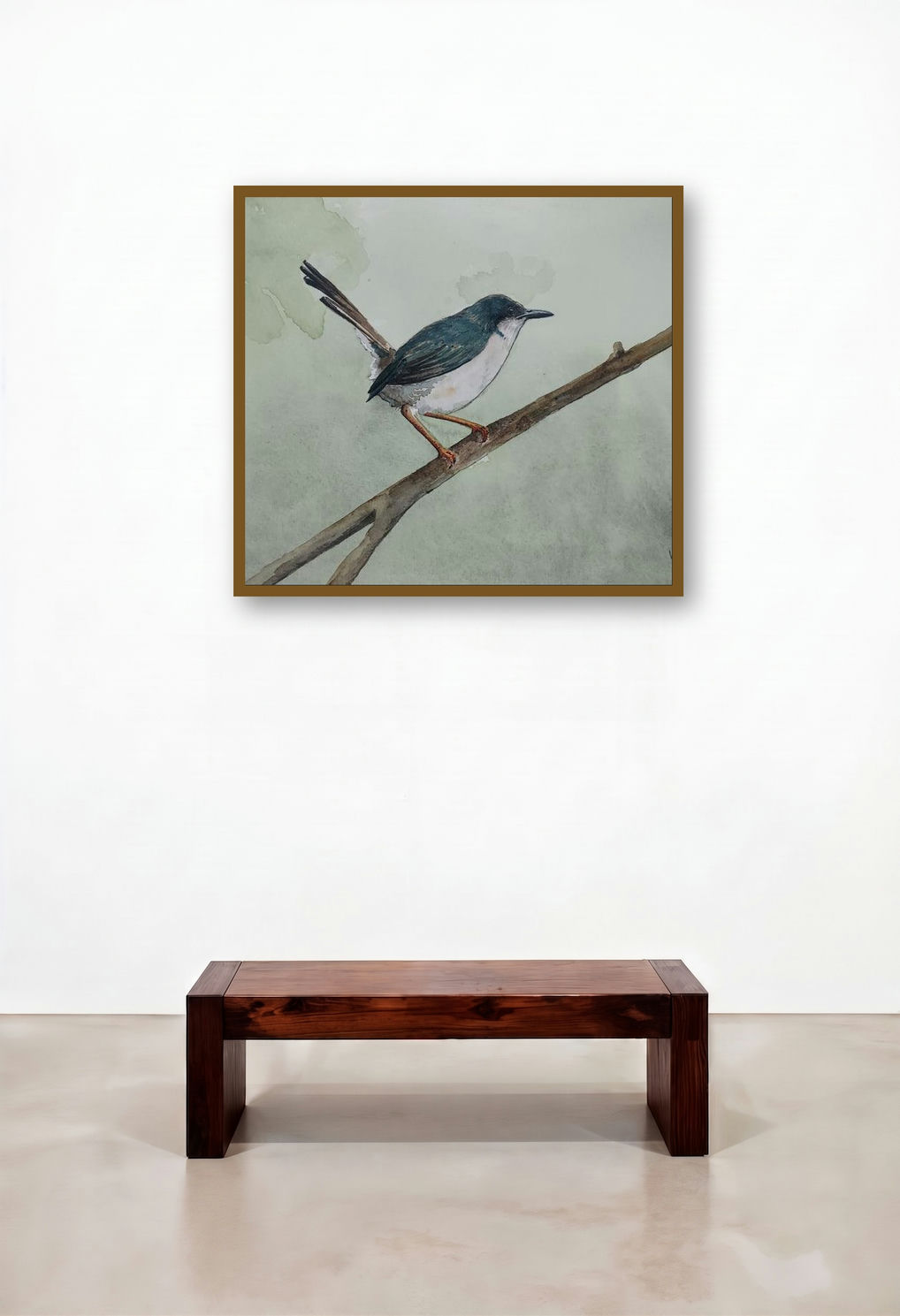 Ashy Prinia (A Moment of Serenity) by artist Yashodan Heblekar displayed in a Scandinavian Penthouse