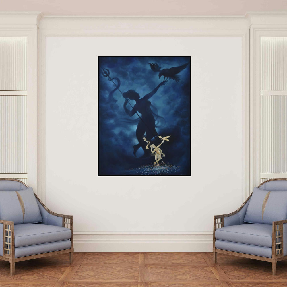 'Aspiration (Goddess and Shadow)' painting by Durshit Bhaskar shown on a wall in a furnished room.