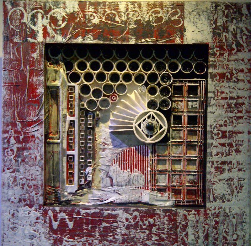 Abstract mixed media titled ' Assemblages IX', 24x24 inches, by artist Vivek Rao on Mixed Media