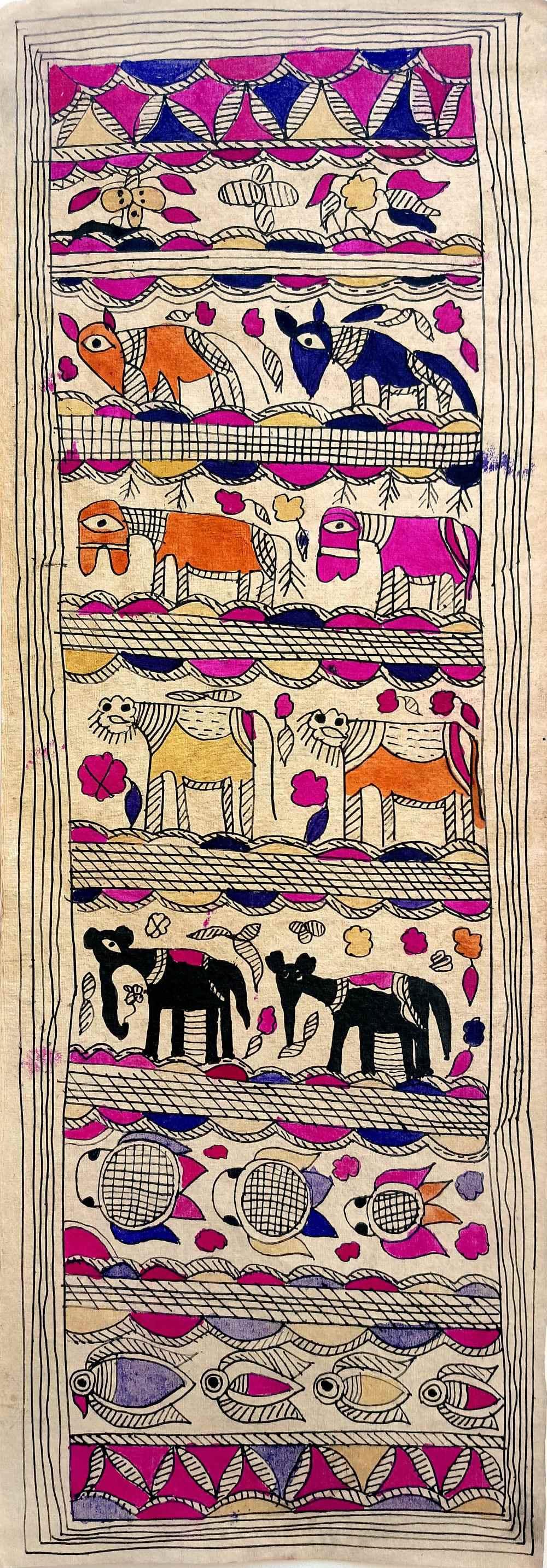 Folk Art madhubani traditional art titled 'Assembly Of Animals', 23x9 inches, by artist Yamuna Devi on Handmade Paper
