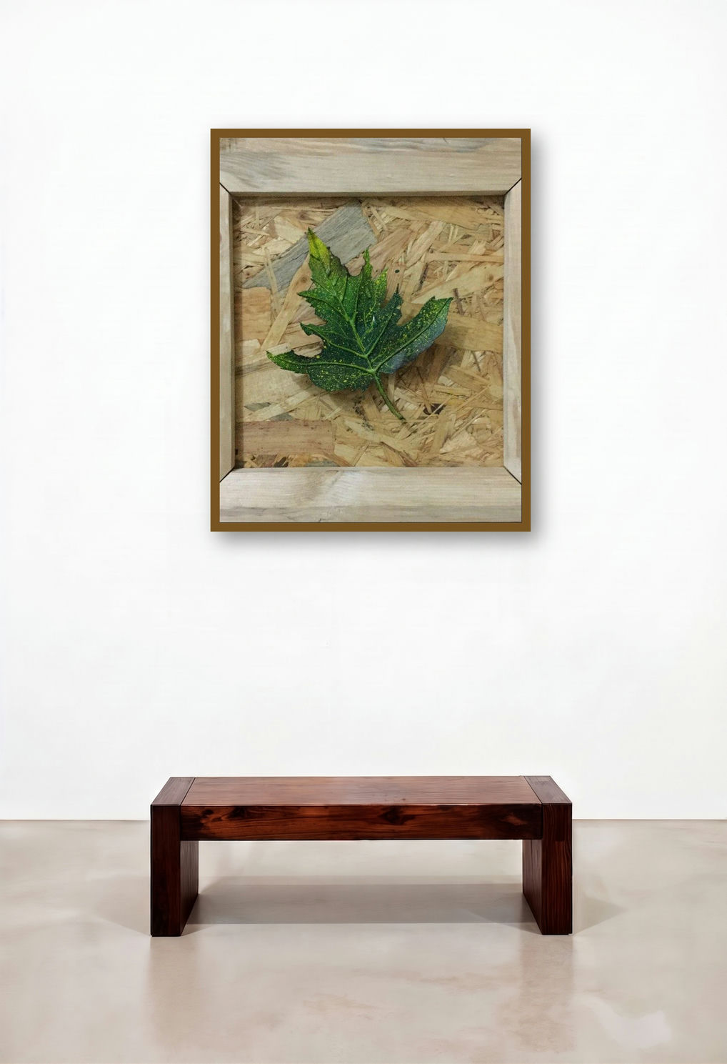Assertive Autumn 3 (Autumn Leaf in Wooden Frame) by artist Pradip Tupe displayed in a Contemporary Hotel Suite
