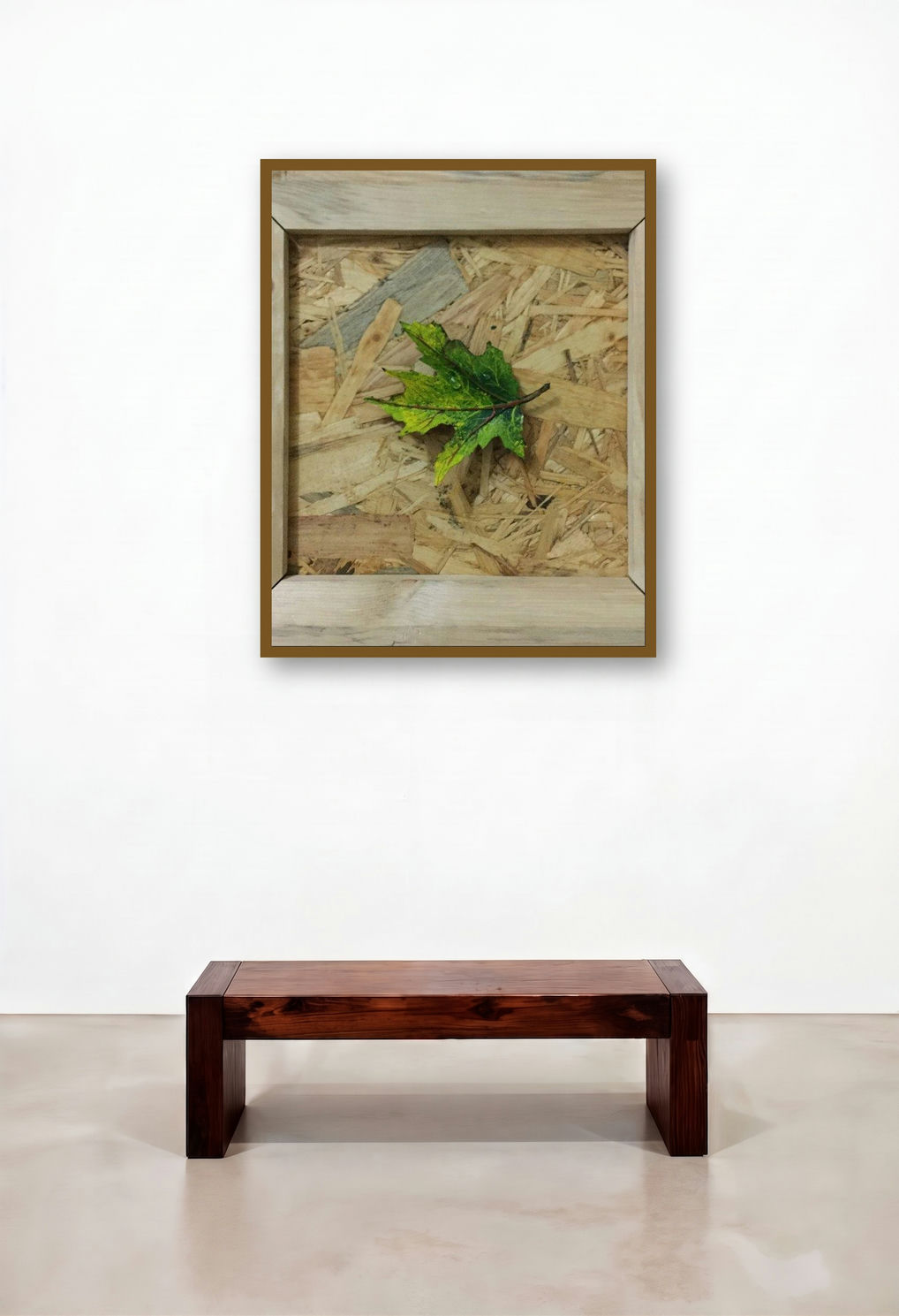 Assertive Autumn 5 (Transitioning Leaf in Wooden Frame) by artist Pradip Tupe displayed in a Traditional Study