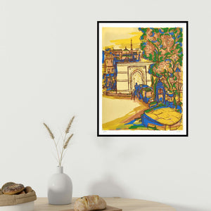 Vrindavan Solanki's 'Astodia Darwaza (A Vibrant Cityscape)' painting visualized above a sofa in a contemporary room.