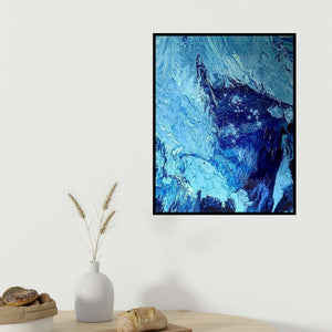 Kartikey Sharma's 'Astral' painting visualized above a sofa in a contemporary room.