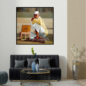 Vinayak Takalkar's 'Astrologer' painting visualized above a sofa in a contemporary room.