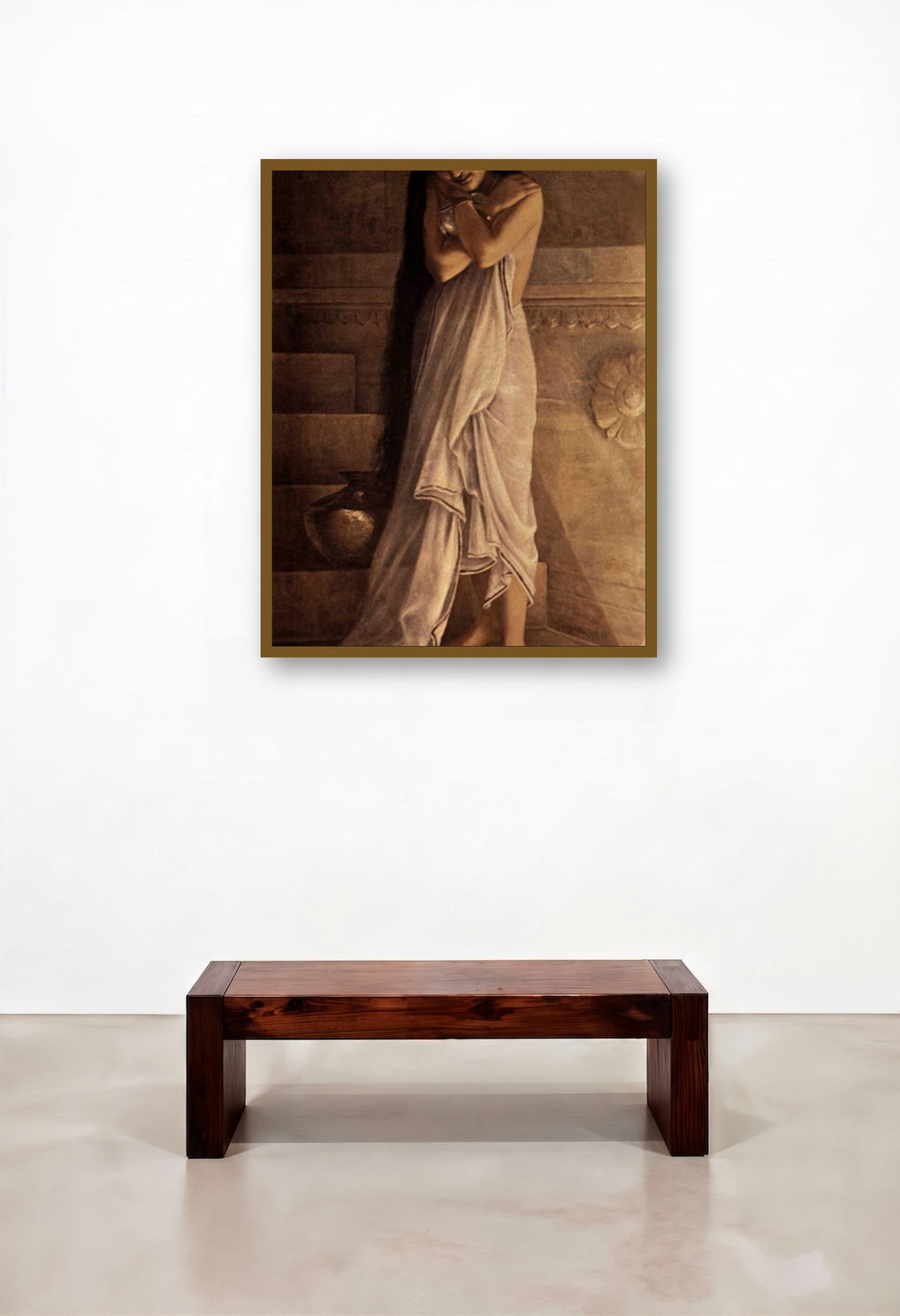 At The Bath (Enchantment of the Chariot Ride) by artist Raja Ravi Varma displayed in a Contemporary Reception Area