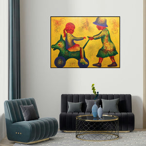 Lakhan Singh Jat's 'Athkheliya 1' painting visualized above a sofa in a contemporary room.