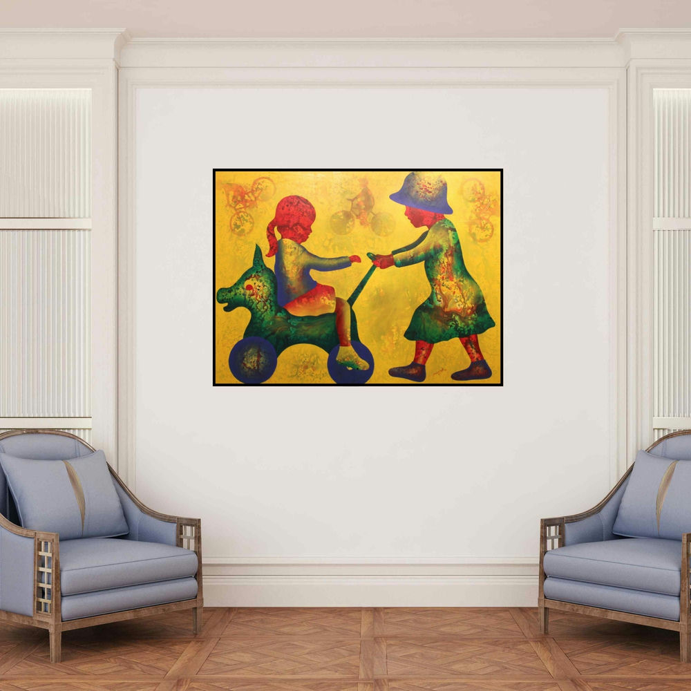 'Athkheliya 1' painting by Lakhan Singh Jat shown on a wall in a furnished room.