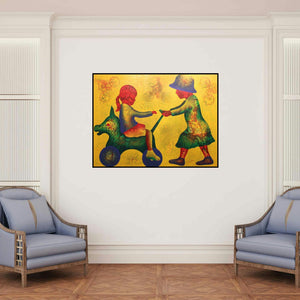 'Athkheliya 1' painting by Lakhan Singh Jat shown on a wall in a furnished room.
