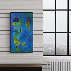 Preview of 'Athkheliya 3 (Fluidity of Movement)' Painting by Lakhan Singh Jat shown on a wall in a furnished room.