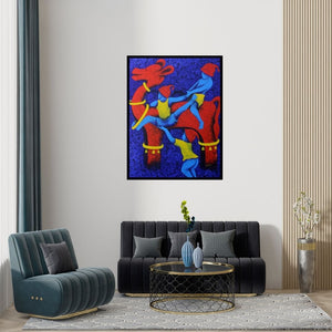 Preview of 'Athkheliyan 19 (A Crimson Caravan)' Painting by Lakhan Singh Jat shown on a wall in a furnished room.
