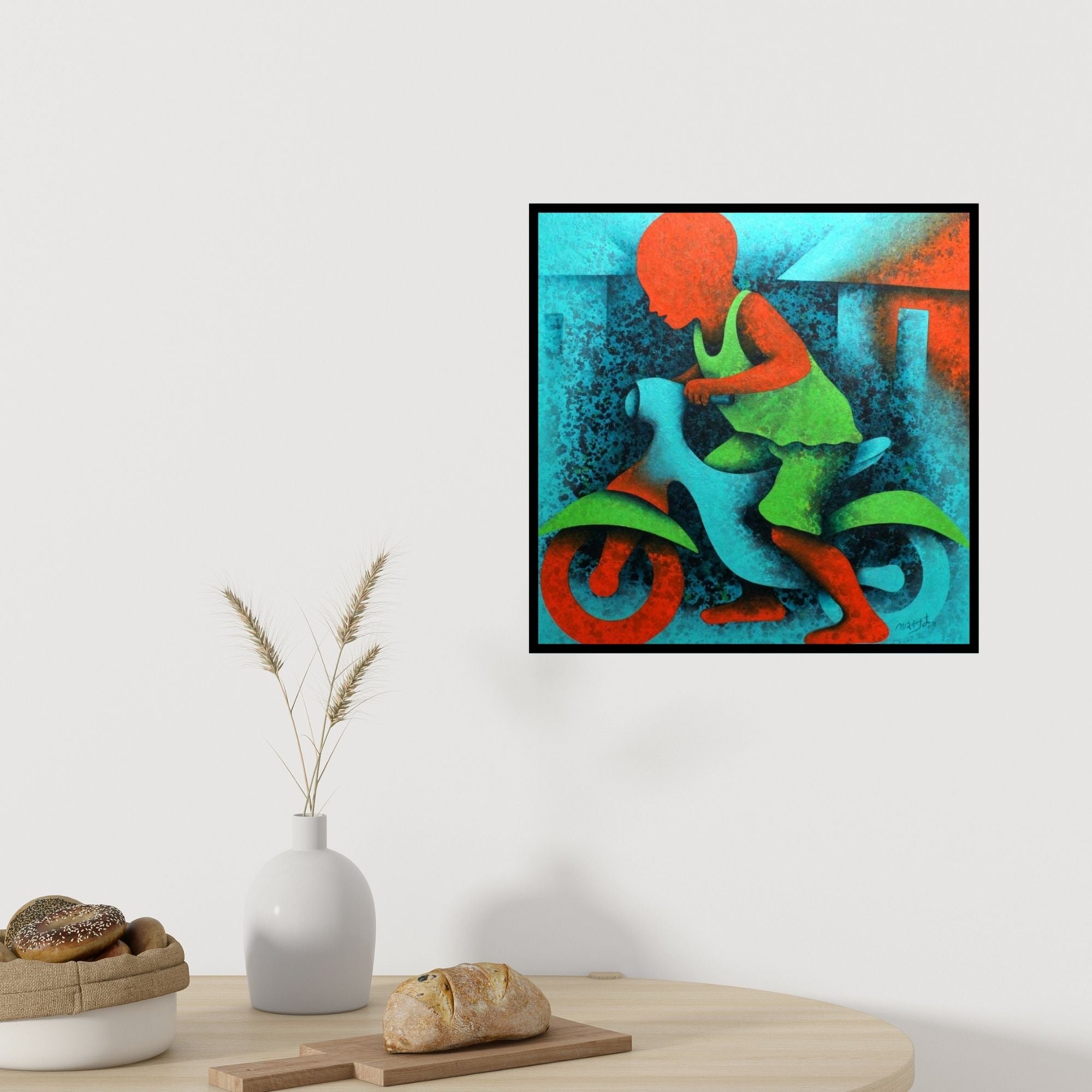 In-situ view of Lakhan Singh Jat's 'Athkheliyan 22' painting in a room