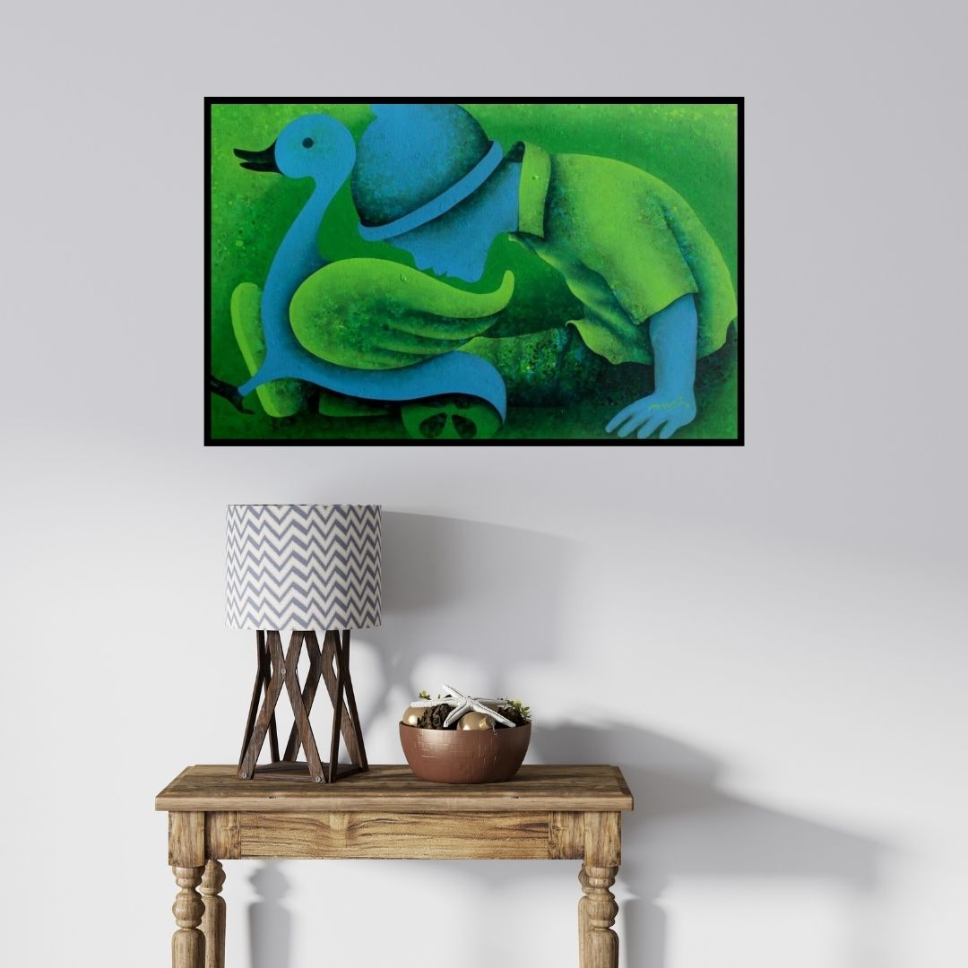 In-situ view of Lakhan Singh Jat's 'Athkheliyan 44 (Contemplative Companions)' painting in a room