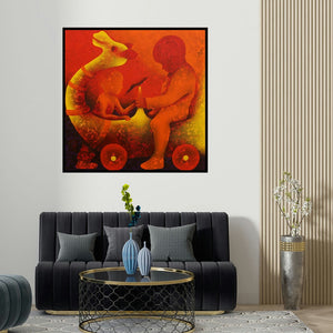 Lakhan Singh Jat's 'Athkheliyan 51 (Crimson Chronicles)' painting visualized above a sofa in a contemporary room.