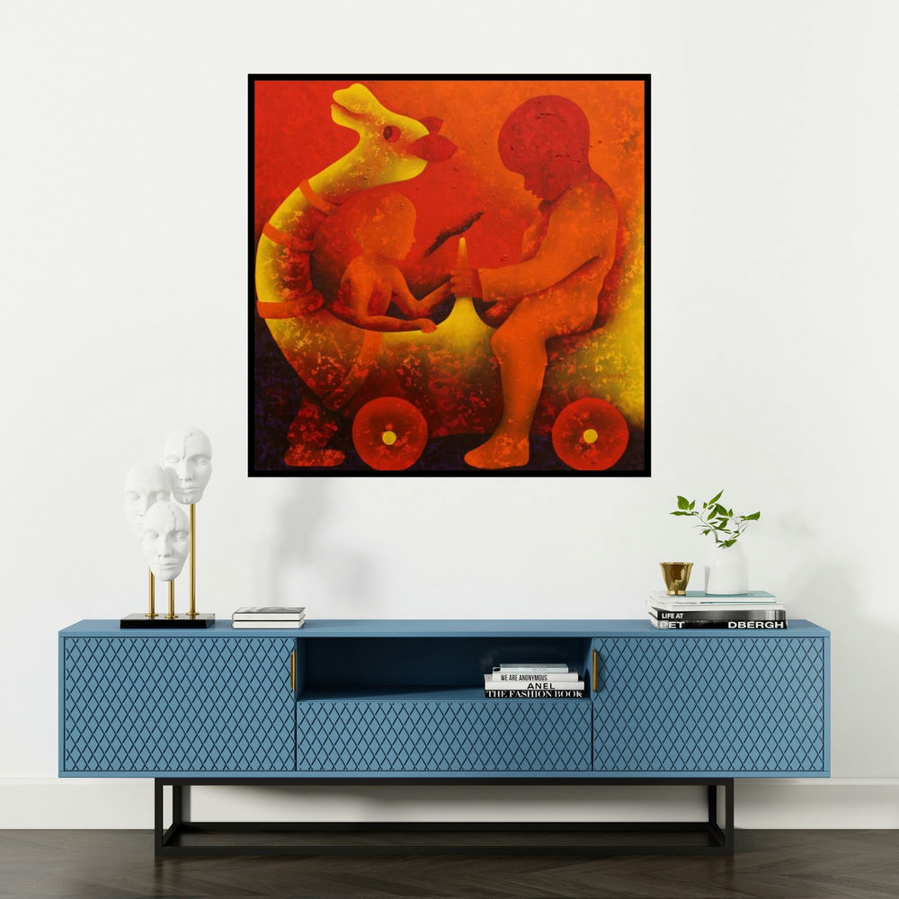 'Athkheliyan 51 (Crimson Chronicles)' painting by Lakhan Singh Jat shown on a wall in a furnished room.