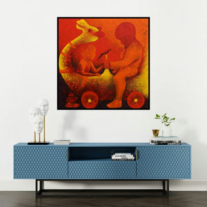 'Athkheliyan 51 (Crimson Chronicles)' painting by Lakhan Singh Jat shown on a wall in a furnished room.