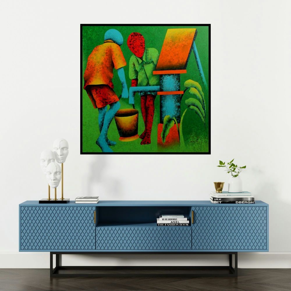 'Athkheliyan 55 (A Shared Resource)' painting by Lakhan Singh Jat shown on a wall in a furnished room.