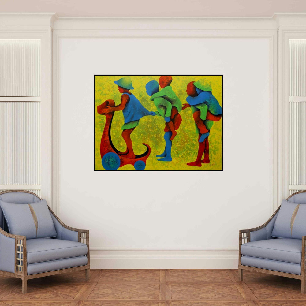 'Athkheliyan 56' painting by Lakhan Singh Jat shown on a wall in a furnished room.