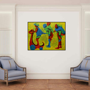 'Athkheliyan 56' painting by Lakhan Singh Jat shown on a wall in a furnished room.