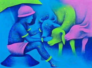 Figurative acrylic painting titled 'Athkheliyan 58', 36x48 inches, by artist Lakhan Singh Jat on Canvas